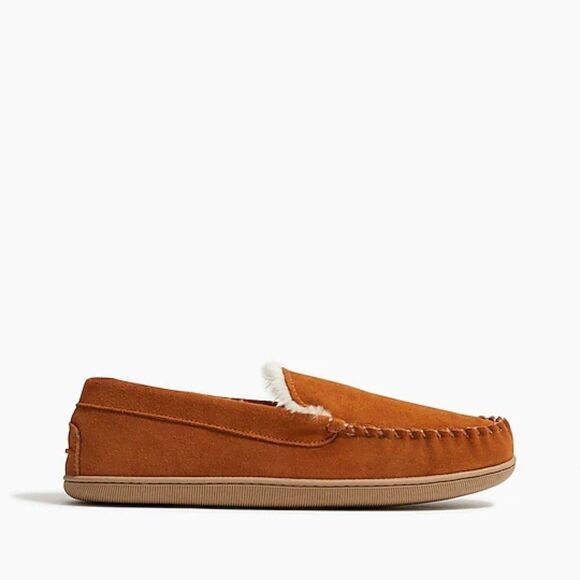J Crew Men\'s Suede Slippers Sherpa‎ Lined Slip On Winter Brown Shoes Size 13